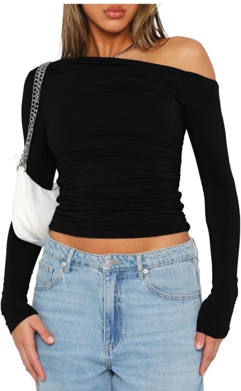 Darong Womens Long Sleeves Shirt Size M Black Off The Shoulder Ruched Night Out